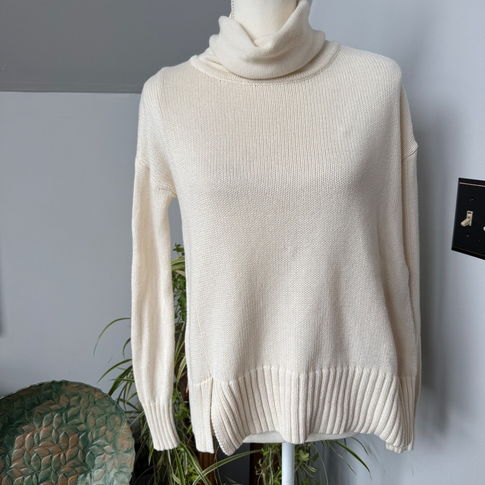 White + Warren XS Cotton Cream Turtleneck Asymmetric Sweater Knit Pullover Chic
